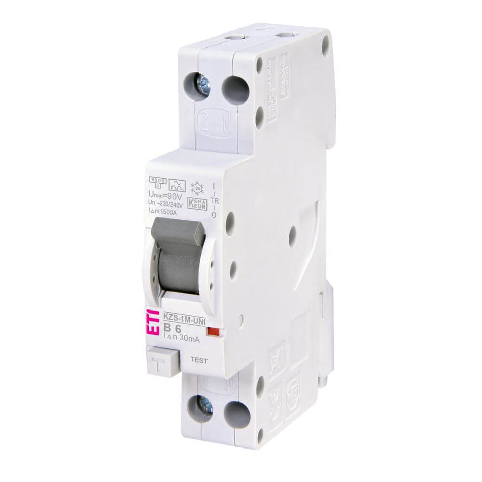 Siguranta automata cu protectie diferentiala RCBO KZS-1M-UNI 1p+N A B6/0.03 ETI 002176021