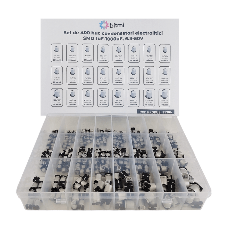 Set de 400 buc condensatori electrolitici SMD 1uF-1000uF, 6.3-50V, Bitmi 11306