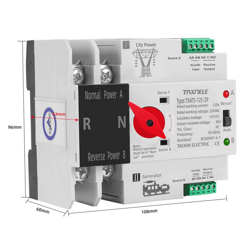 Comutator ATS monofazic pentru retele urbane, 230V, 125A, TAXNELE TXATS-125A-2P