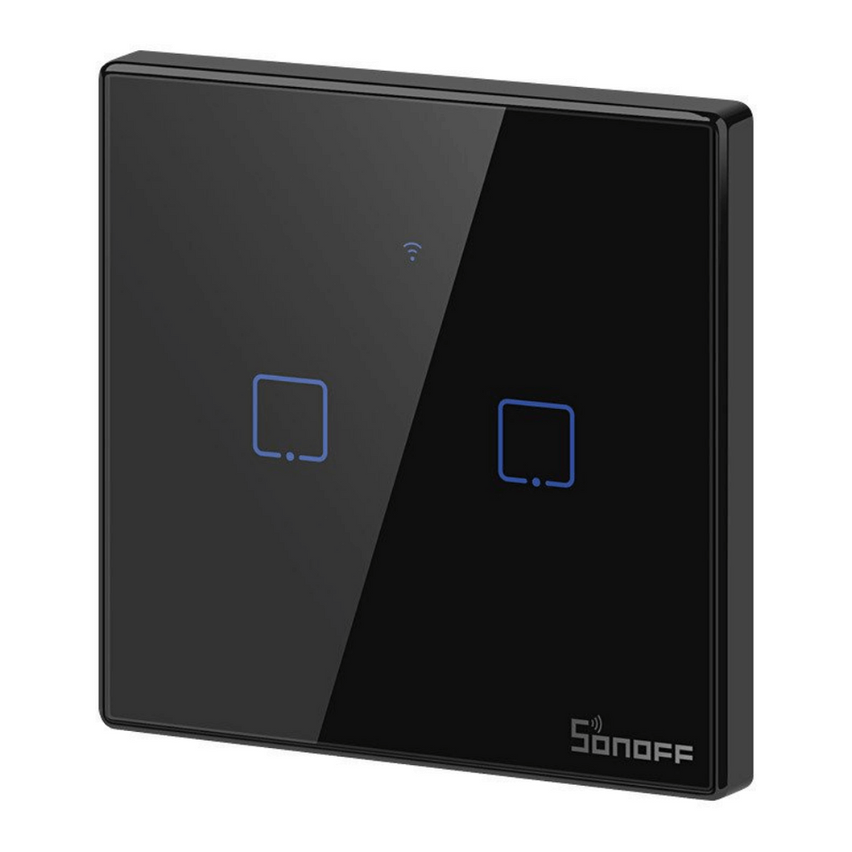 Intrerupator smart cu touch, Wifi + RF, 2 canale, negru, 433MHz, Sonoff T3EU2C-TX