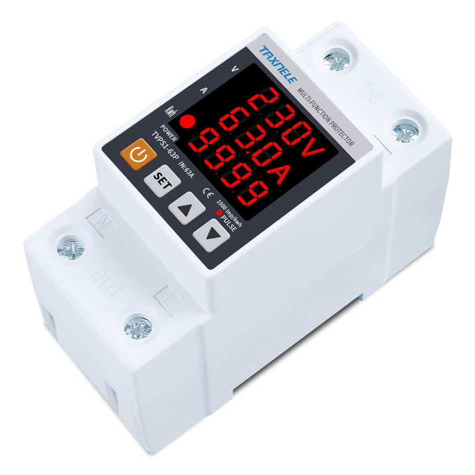Releu de protectie la tensiune si curent cu monitorizare consum, 220V 63A, TAXNELE TVPS1-63P