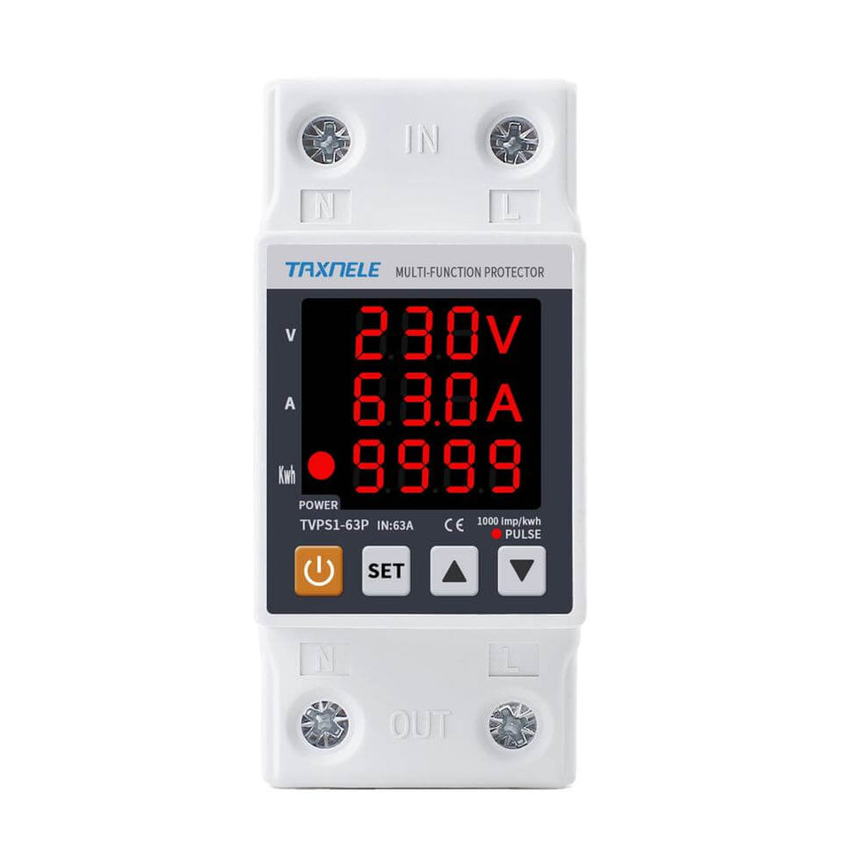 Releu de protectie la tensiune si curent cu monitorizare consum, 220V 63A, TAXNELE TVPS1-63P