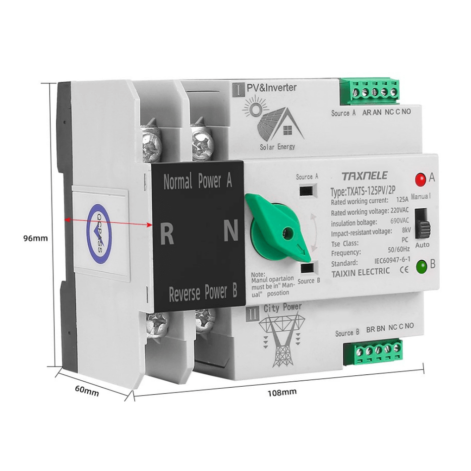 Comutator ATS monofazic pentru panouri fotovoltaice, 230V, 125A, TAXNELE TXATS-125APV-2P