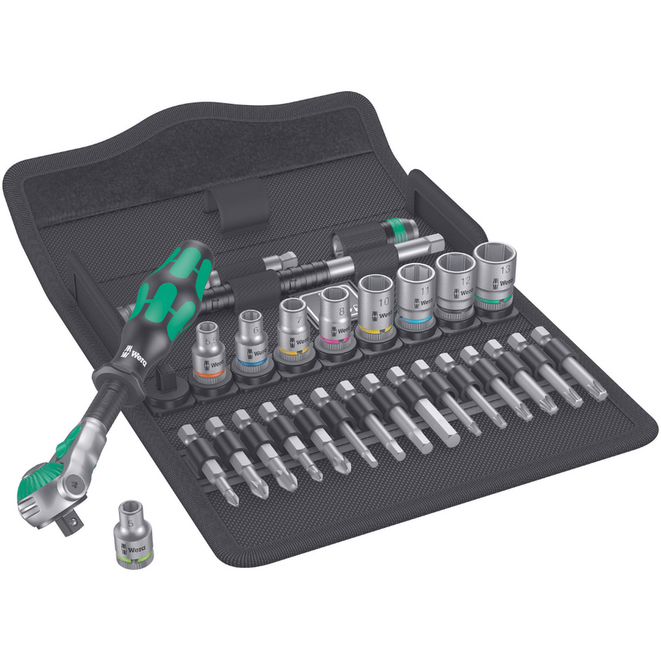 Set cheie cu clichet 8100 SA 6 Zyklop, tubulare si biti, 28 piese, 1/4" drive, Wera 05004016001