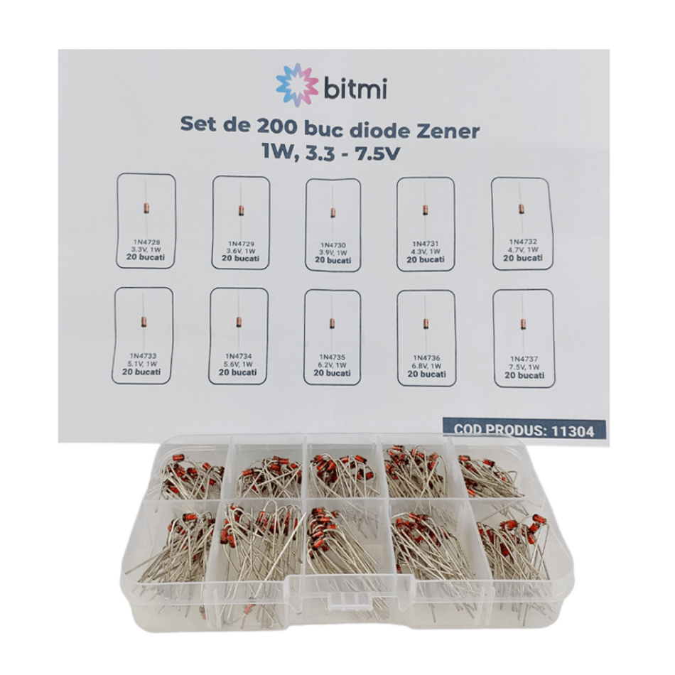 Set de 200 buc diode Zener 1W, 3.3-7.5V, Bitmi 11304