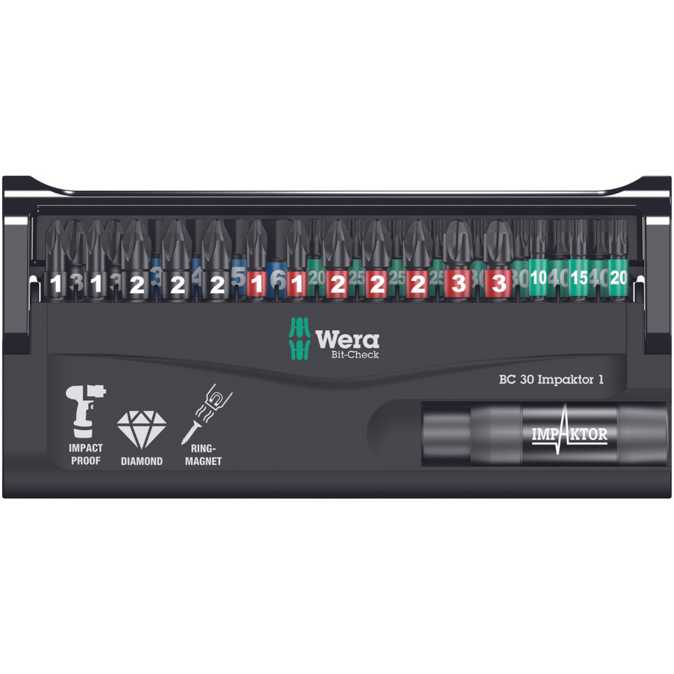 Set de biti cu adaptor magnetic, 30 piese, Bit-Check 30 Impaktor 1, Wera 05057690001
