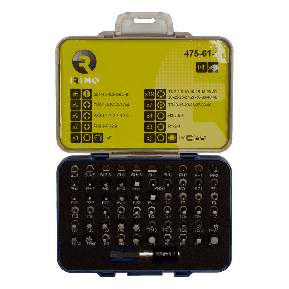 Set 61 piese cu biti 1/4", adaptor si prelungitor Irimo 475-61-1