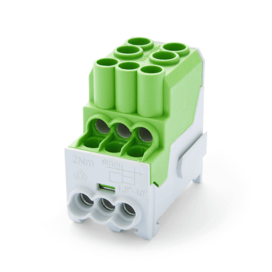 Bloc distributie PE, Cu, 1 pol, 100A, 2x25/6x10 mmp, verde-galben, SCHRACK IKB01025PE