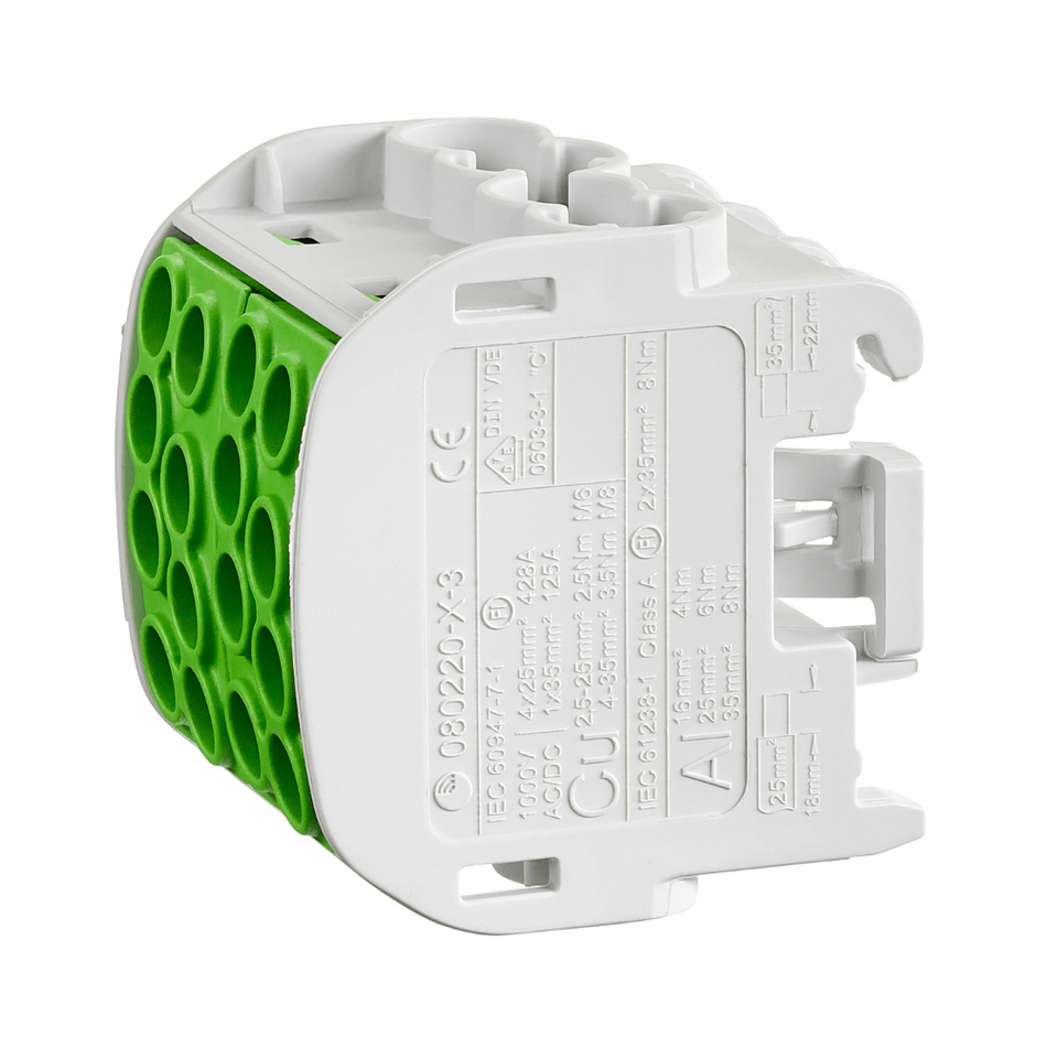 Clema derivatie izolata PE, Cu-Al, 1 pol, 35mmp, 4 intrari / 4 iesiri, galben-verde, SCHRACK IKA26232-X-3