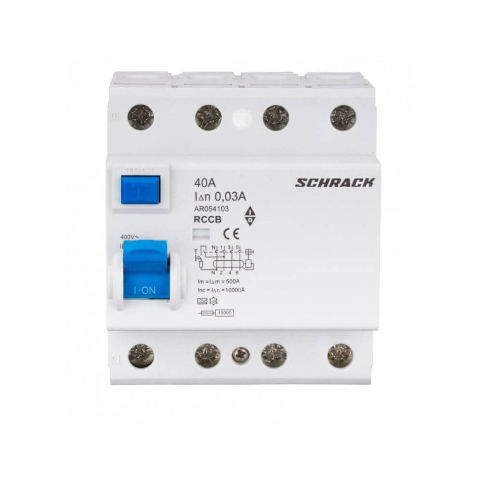 Diferential AMPARO (10kA), 40A, 4-poli, 30mA, tip A, SCHRACK AR054103