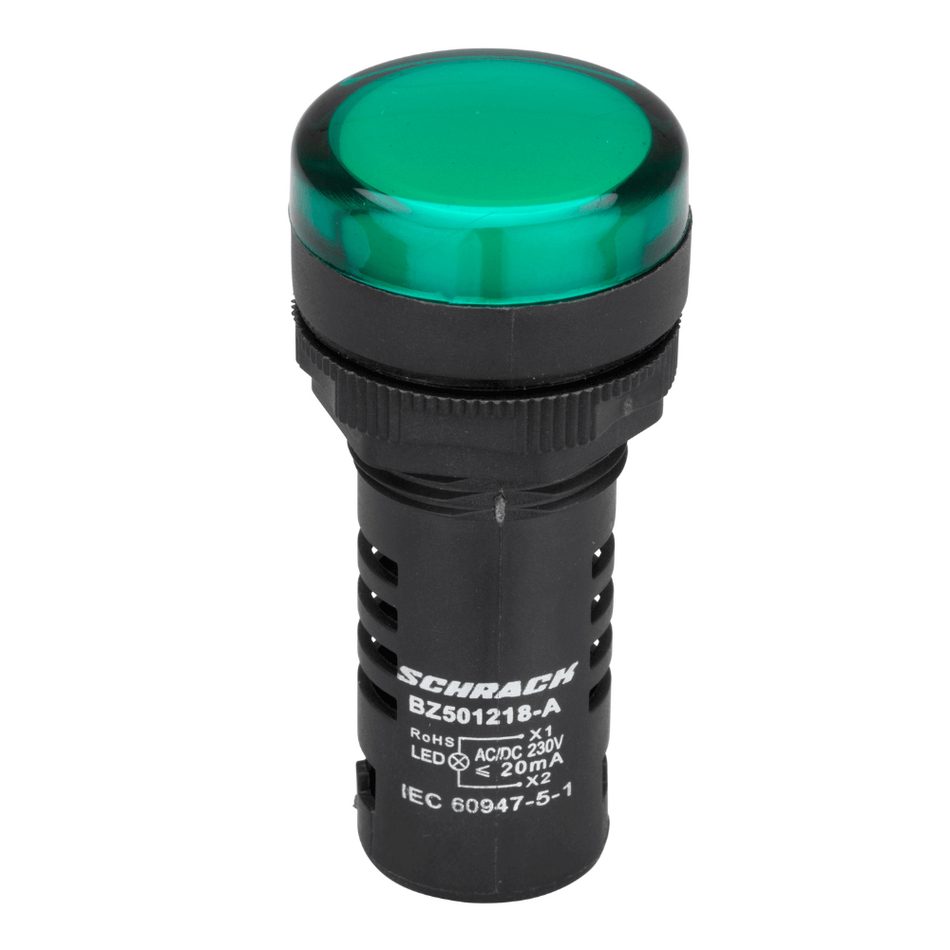 Lampa de semnalizare cu LED, monobloc, 230V-AC/DC, verde, SCHRACK BZ501218-B