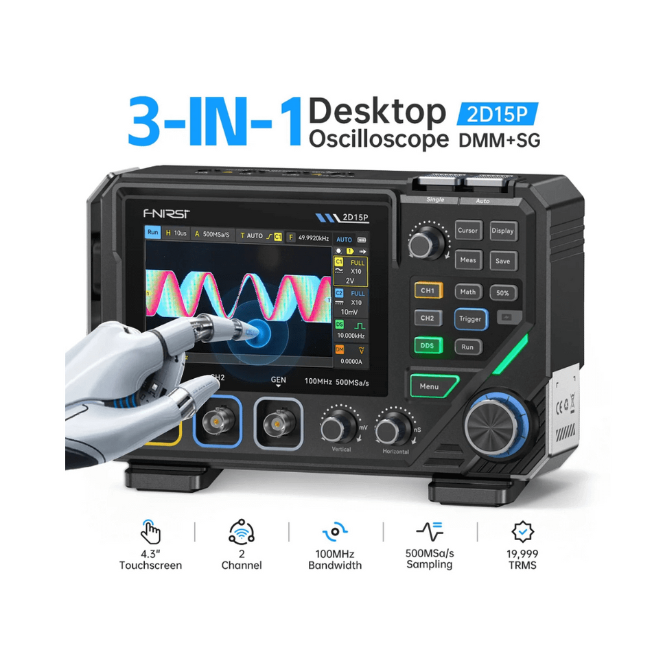 Osciloscop digital 2 canale 100 MHz + multimetru + generatoar de semnal 3in1 FNIRSI 2D15P