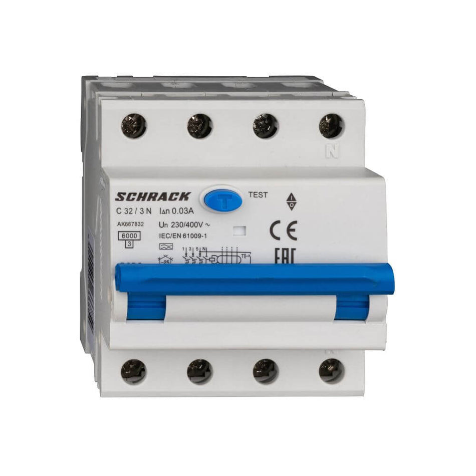 Intrerupator automat diferential 3+N, AMPARO, 6kA, C 32A, 30mA, tip A, SCHRACK AK667832