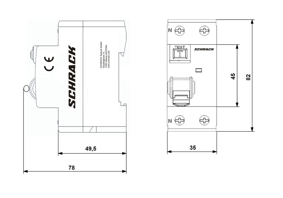 Intrerupator diferential AMPARO (10kA), 25A, 2-poli, 30mA, tip A, SCHRACK AR052203