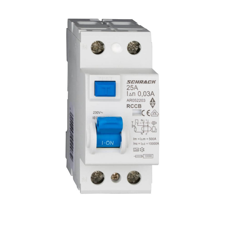 Intrerupator diferential AMPARO (10kA), 25A, 2-poli, 30mA, tip A, SCHRACK AR052203