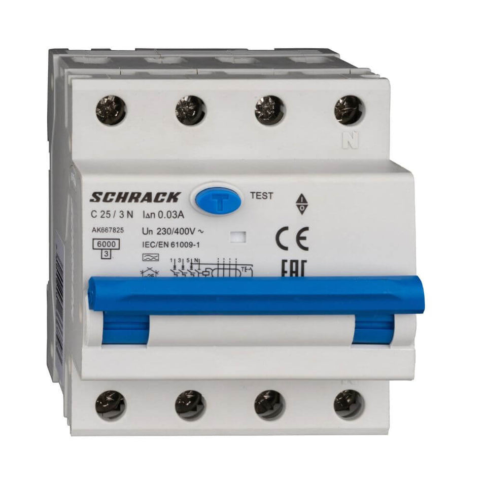 Siguranta automata diferentiala 3+N, 6kA, AMPARO, C 25A, 30mA, tip A, SCHRACK AK667825