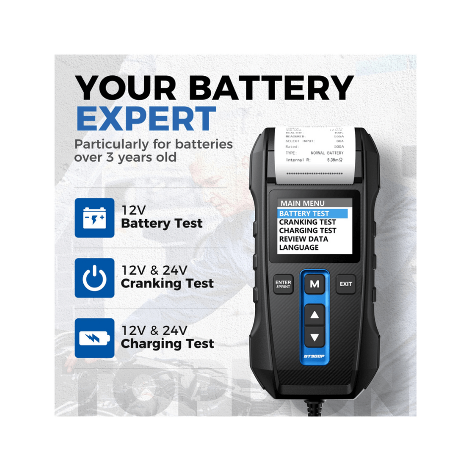 Tester de baterii auto portabil cu imprimanta integrata TOPDON BT300P